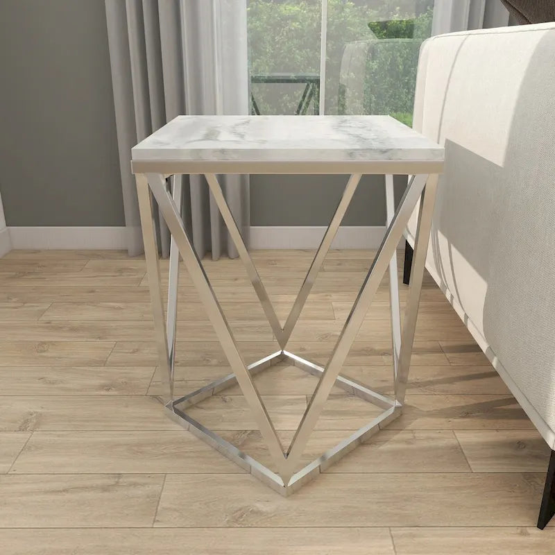 Edelstahl-Metallbeistelltisch mit Marmorplatte – Silber – Roche River Decor