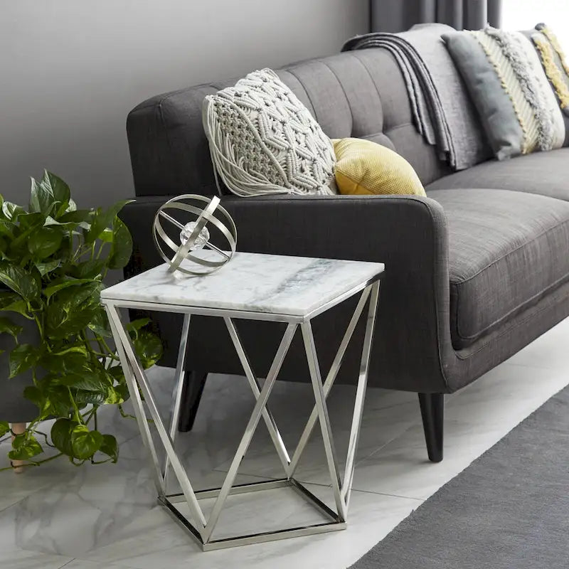Edelstahl-Metallbeistelltisch mit Marmorplatte – Silber – Roche River Decor