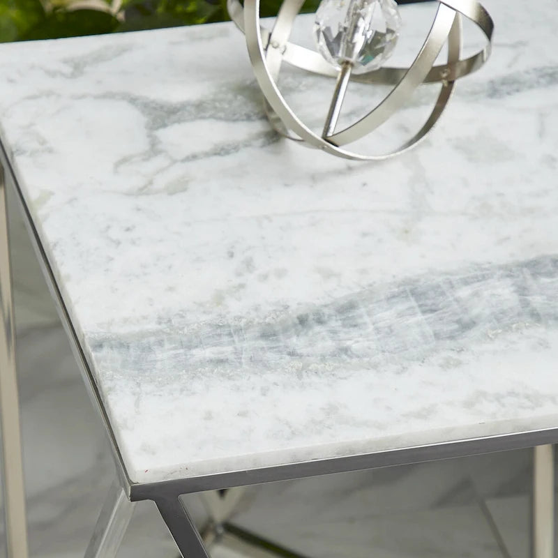 Edelstahl-Metallbeistelltisch mit Marmorplatte – Silber – Roche River Decor