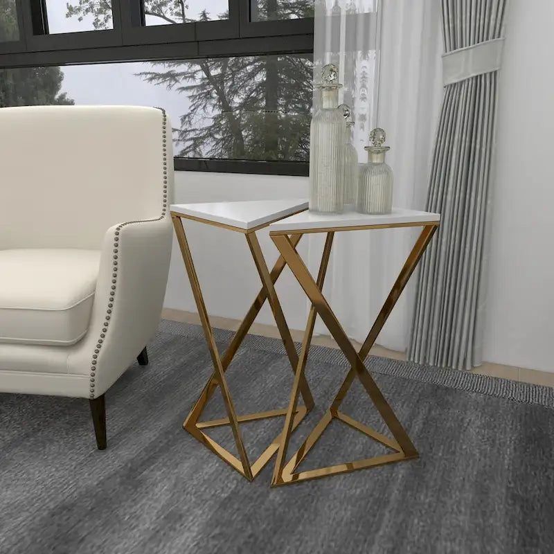 Metall-Beistelltisch mit Marmorplatte – 2er-Set Gold – Roche River Decor