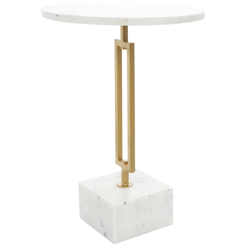 Marmor-Beistelltisch im geometrischen Design mit rechteckigem Goldmetallgestell – Weiß – Roche River Decor
