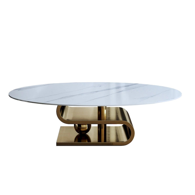 Exquisiter moderner ovaler Couchtisch mit weißer 51L-Steinplatte und goldfarbenem Metallsockel