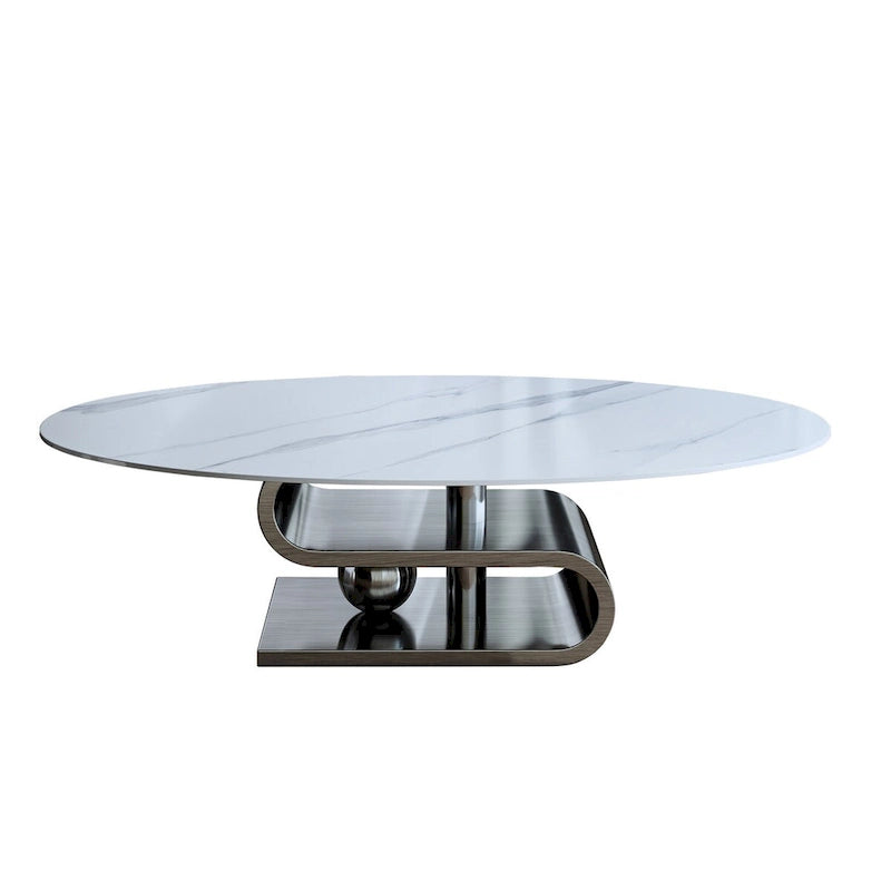 Exquisiter moderner ovaler Couchtisch mit weißer 51L-Steinplatte und goldfarbenem Metallsockel