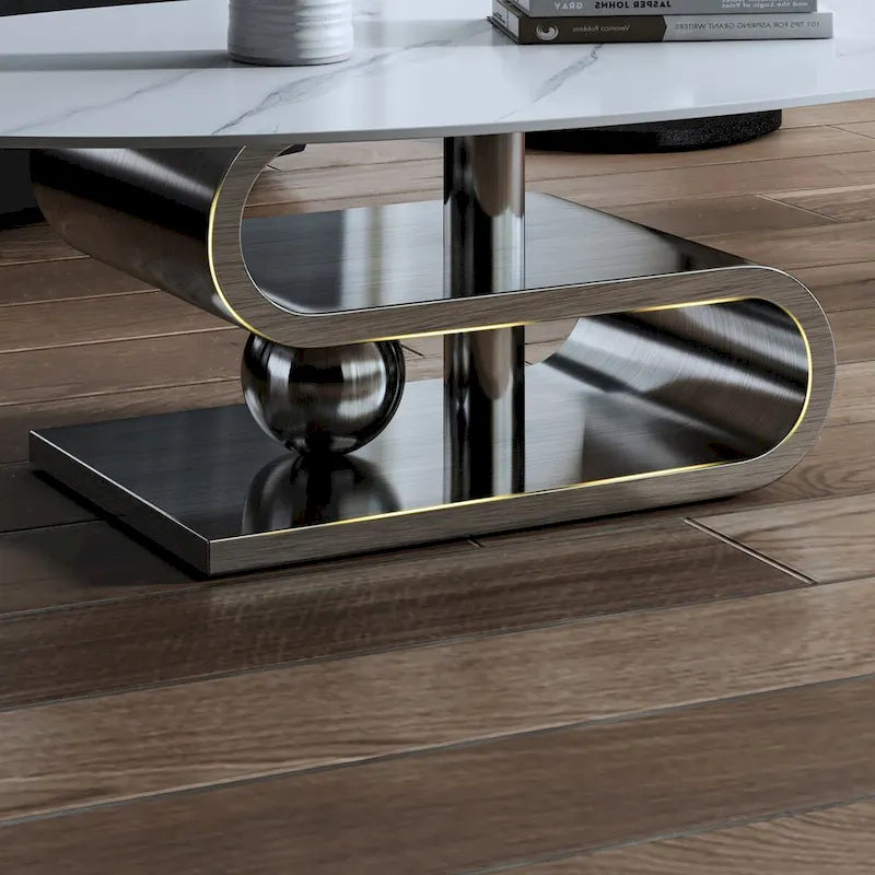 Exquisiter moderner ovaler Couchtisch mit weißer 51L-Steinplatte und goldfarbenem Metallsockel