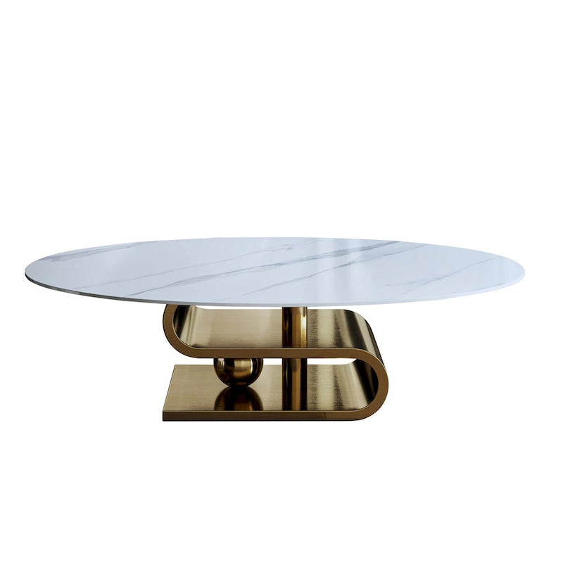 Exquisiter moderner ovaler Couchtisch mit weißer 51L-Steinplatte und goldfarbenem Metallsockel