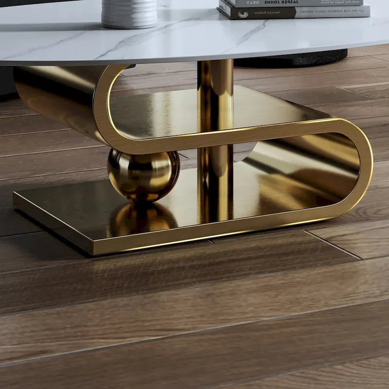 Exquisiter moderner ovaler Couchtisch mit weißer 51L-Steinplatte und goldfarbenem Metallsockel