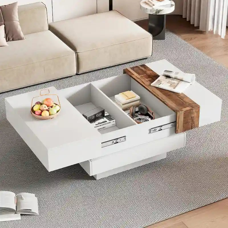 31,4 Quadratischer Couchtisch mit verschiebbarer Tischplatte und verstecktem Stauraum