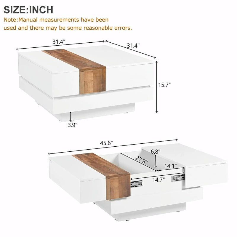 31,4 Quadratischer Couchtisch mit verschiebbarer Tischplatte und verstecktem Stauraum
