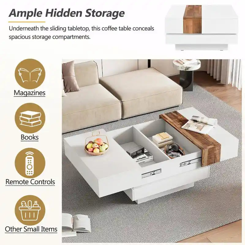 31,4 Quadratischer Couchtisch mit verschiebbarer Tischplatte und verstecktem Stauraum