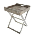 Beistelltisch aus Leder mit diagonalen silberfarbenen Beinen und Griffen – Grau – Roche River Decor