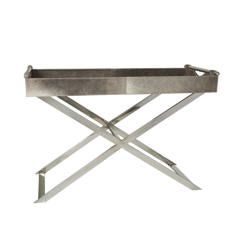 Beistelltisch aus Leder mit diagonalen silberfarbenen Beinen und Griffen – Grau – Roche River Decor
