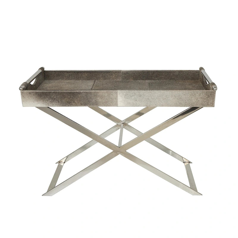 Beistelltisch aus Leder mit diagonalen silberfarbenen Beinen und Griffen – Grau – Roche River Decor