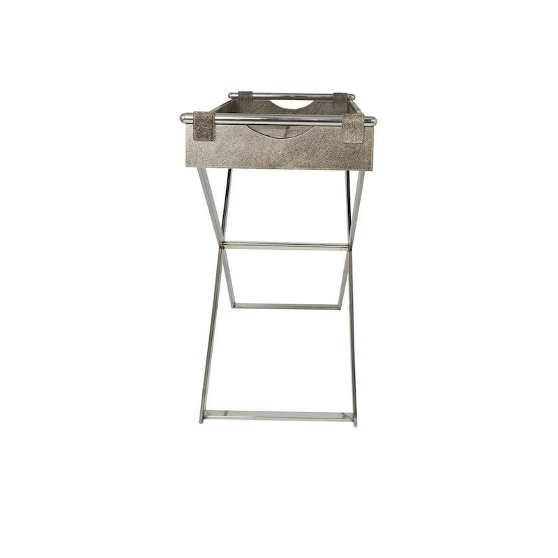 Beistelltisch aus Leder mit diagonalen silberfarbenen Beinen und Griffen – Grau – Roche River Decor