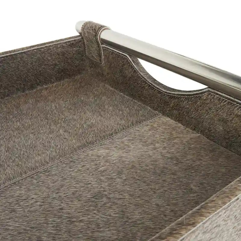 Beistelltisch aus Leder mit diagonalen silberfarbenen Beinen und Griffen – Grau – Roche River Decor