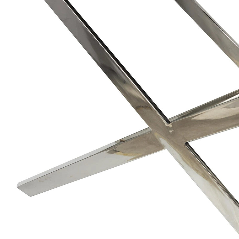 Beistelltisch aus Leder mit diagonalen silberfarbenen Beinen und Griffen – Grau – Roche River Decor