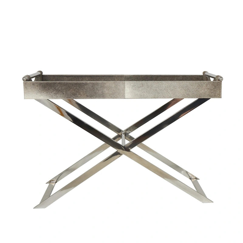 Beistelltisch aus Leder mit diagonalen silberfarbenen Beinen und Griffen – Grau – Roche River Decor