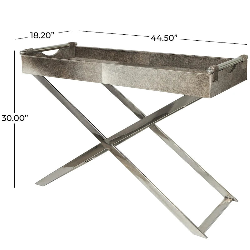 Beistelltisch aus Leder mit diagonalen silberfarbenen Beinen und Griffen – Grau – Roche River Decor