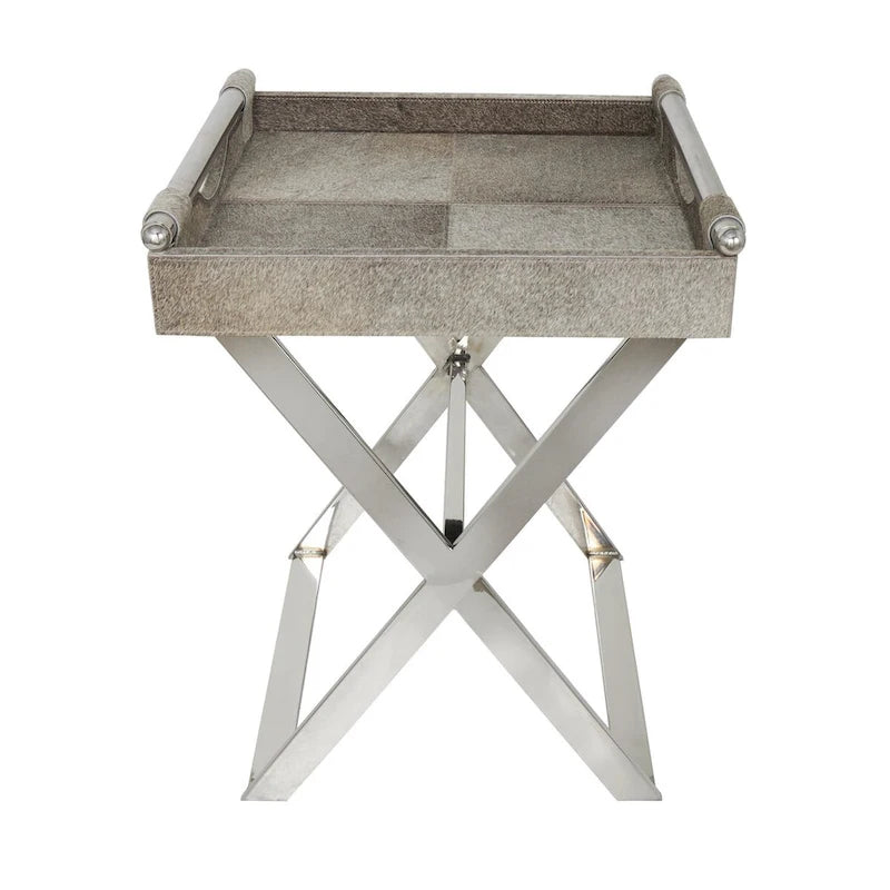 Beistelltisch aus Leder mit diagonalen silberfarbenen Beinen und Griffen – Grau – Roche River Decor