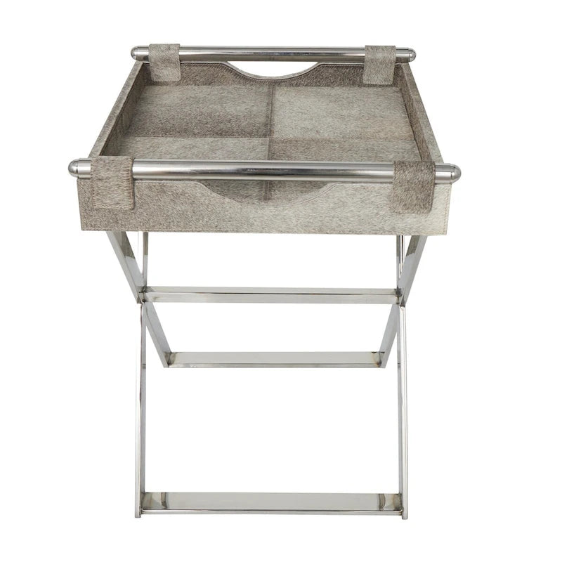 Beistelltisch aus Leder mit diagonalen silberfarbenen Beinen und Griffen – Grau – Roche River Decor
