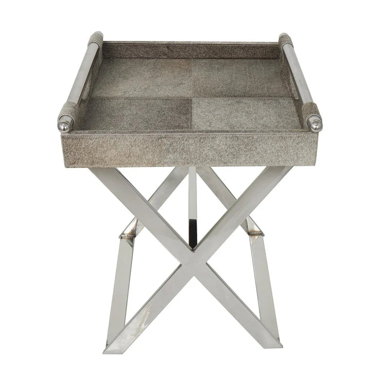 Beistelltisch aus Leder mit diagonalen silberfarbenen Beinen und Griffen – Grau – Roche River Decor