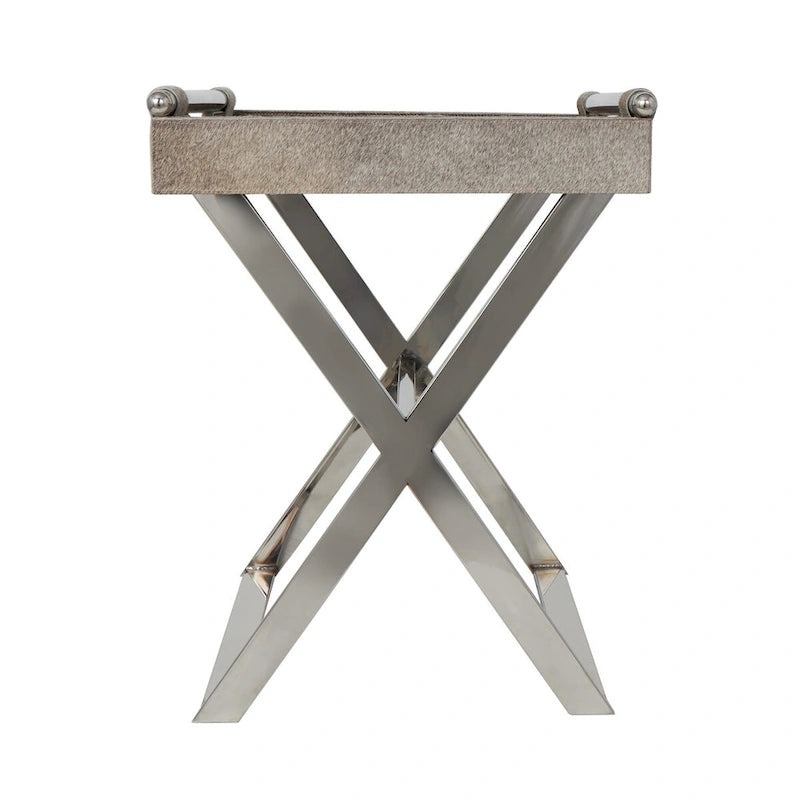 Beistelltisch aus Leder mit diagonalen silberfarbenen Beinen und Griffen – Grau – Roche River Decor
