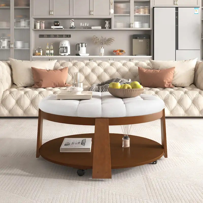 Moderner großer runder Ottoman-Couchtisch, 2-stöckiger, übergroßer, geknöpfter Ottoman mit Holzregal-Stauraum, gepolsterter Couchtisch