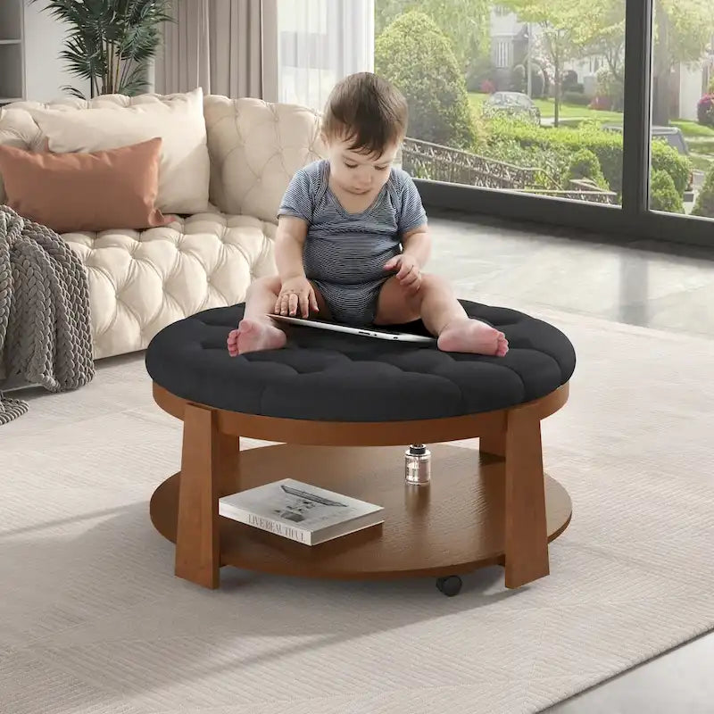 Moderner großer runder Ottoman-Couchtisch, 2-stöckiger, übergroßer, geknöpfter Ottoman mit Holzregal-Stauraum, gepolsterter Couchtisch