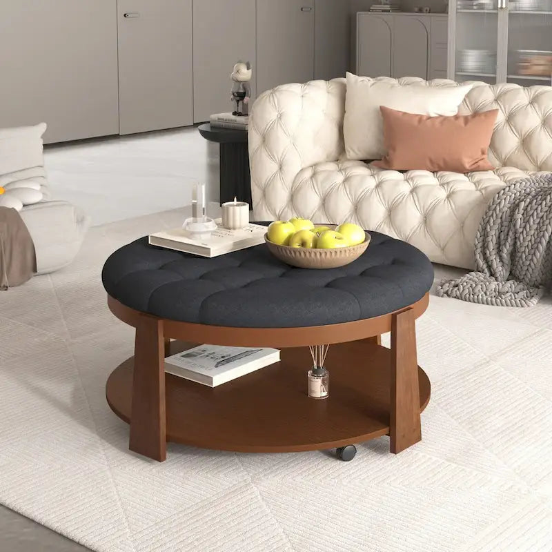 Moderner großer runder Ottoman-Couchtisch, 2-stöckiger, übergroßer, geknöpfter Ottoman mit Holzregal-Stauraum, gepolsterter Couchtisch