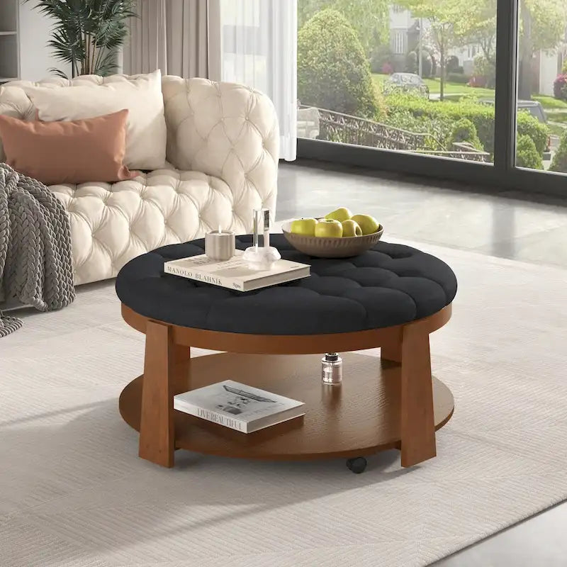 Moderner großer runder Ottoman-Couchtisch, 2-stöckiger, übergroßer, geknöpfter Ottoman mit Holzregal-Stauraum, gepolsterter Couchtisch