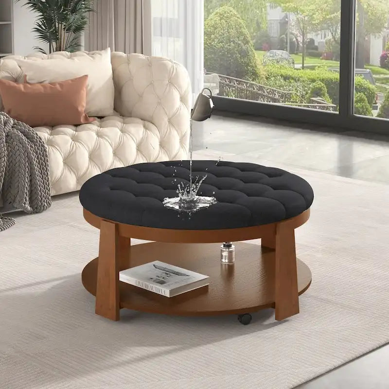 Moderner großer runder Ottoman-Couchtisch, 2-stöckiger, übergroßer, geknöpfter Ottoman mit Holzregal-Stauraum, gepolsterter Couchtisch