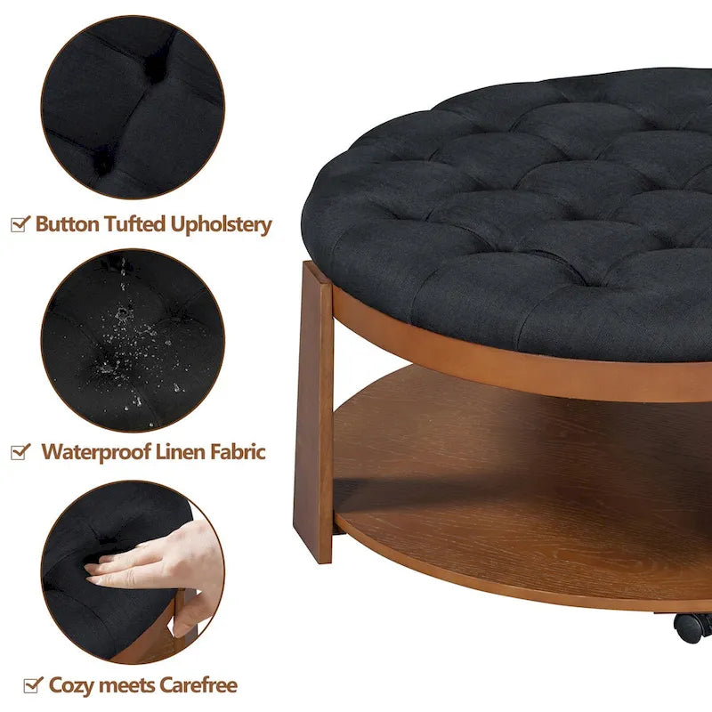 Moderner großer runder Ottoman-Couchtisch, 2-stöckiger, übergroßer, geknöpfter Ottoman mit Holzregal-Stauraum, gepolsterter Couchtisch