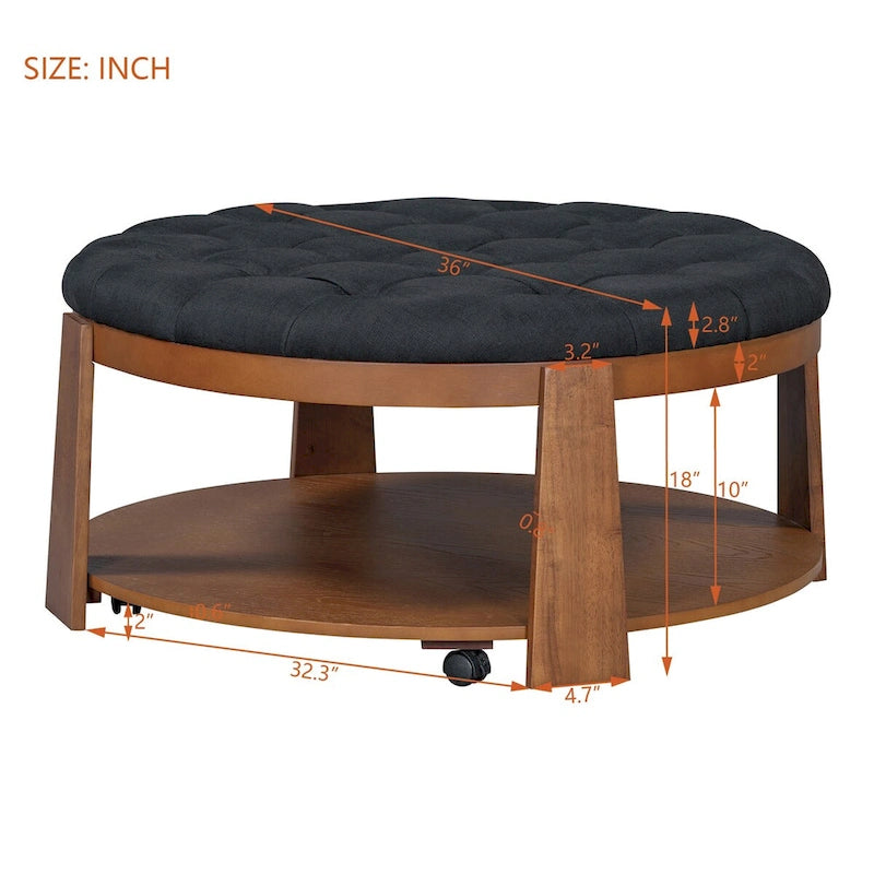 Moderner großer runder Ottoman-Couchtisch, 2-stöckiger, übergroßer, geknöpfter Ottoman mit Holzregal-Stauraum, gepolsterter Couchtisch