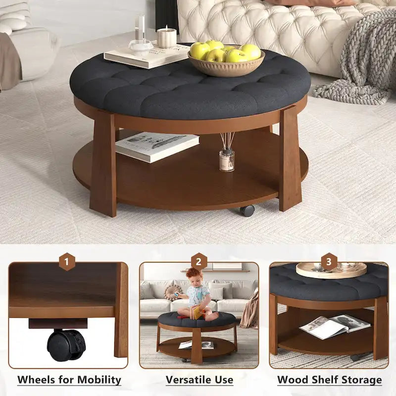 Moderner großer runder Ottoman-Couchtisch, 2-stöckiger, übergroßer, geknöpfter Ottoman mit Holzregal-Stauraum, gepolsterter Couchtisch