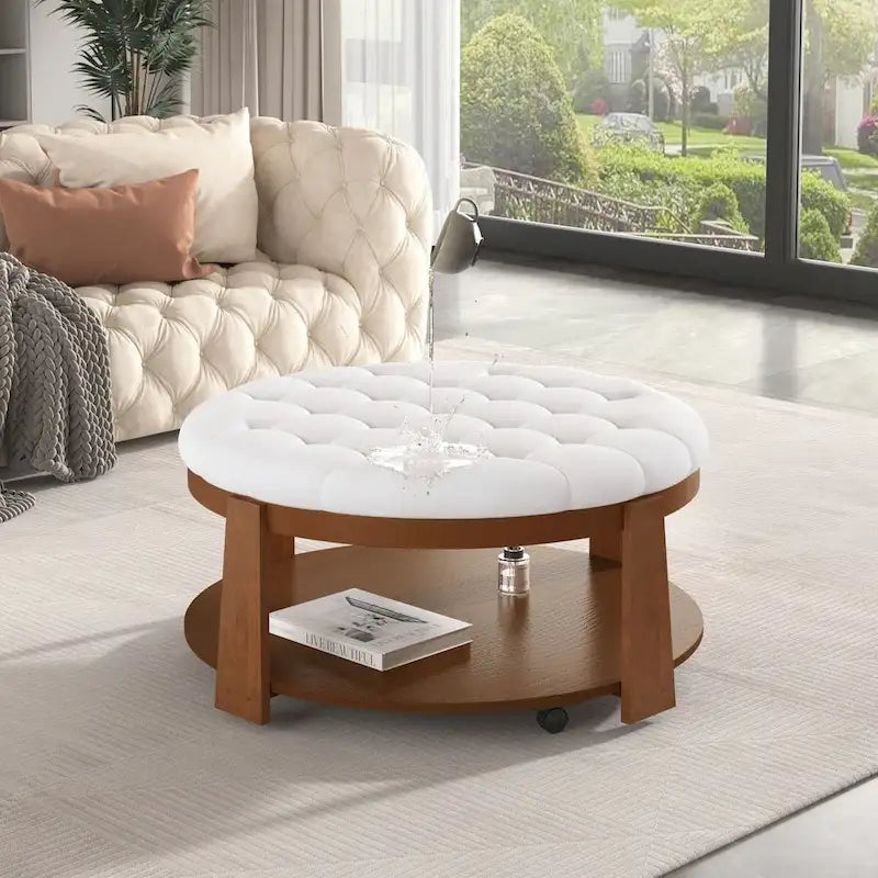 Moderner großer runder Ottoman-Couchtisch, 2-stöckiger, übergroßer, geknöpfter Ottoman mit Holzregal-Stauraum, gepolsterter Couchtisch