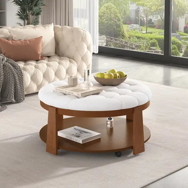 Moderner großer runder Ottoman-Couchtisch, 2-stöckiger, übergroßer, geknöpfter Ottoman mit Holzregal-Stauraum, gepolsterter Couchtisch