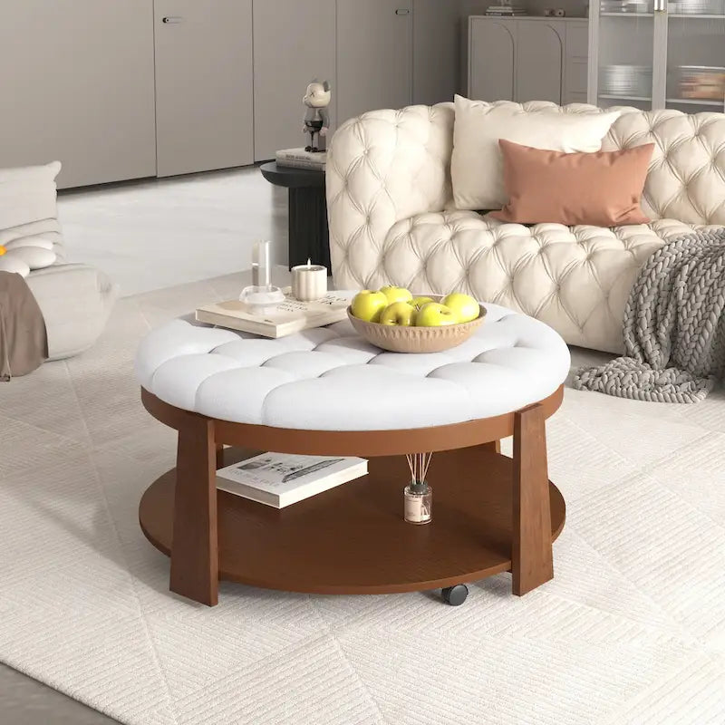 Moderner großer runder Ottoman-Couchtisch, 2-stöckiger, übergroßer, geknöpfter Ottoman mit Holzregal-Stauraum, gepolsterter Couchtisch