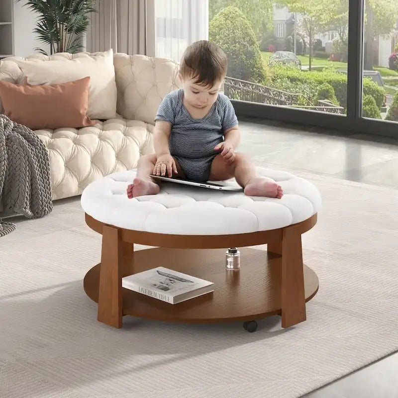 Moderner großer runder Ottoman-Couchtisch, 2-stöckiger, übergroßer, geknöpfter Ottoman mit Holzregal-Stauraum, gepolsterter Couchtisch