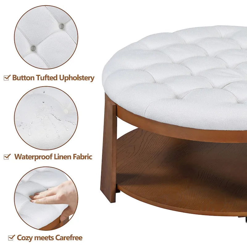 Moderner großer runder Ottoman-Couchtisch, 2-stöckiger, übergroßer, geknöpfter Ottoman mit Holzregal-Stauraum, gepolsterter Couchtisch