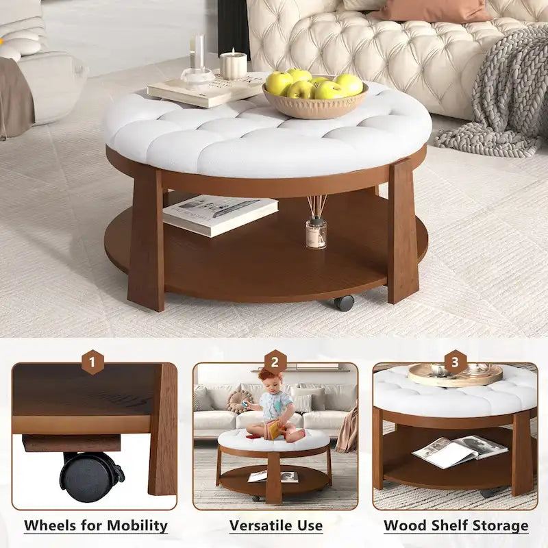 Moderner großer runder Ottoman-Couchtisch, 2-stöckiger, übergroßer, geknöpfter Ottoman mit Holzregal-Stauraum, gepolsterter Couchtisch