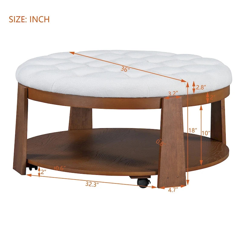 Moderner großer runder Ottoman-Couchtisch, 2-stöckiger, übergroßer, geknöpfter Ottoman mit Holzregal-Stauraum, gepolsterter Couchtisch