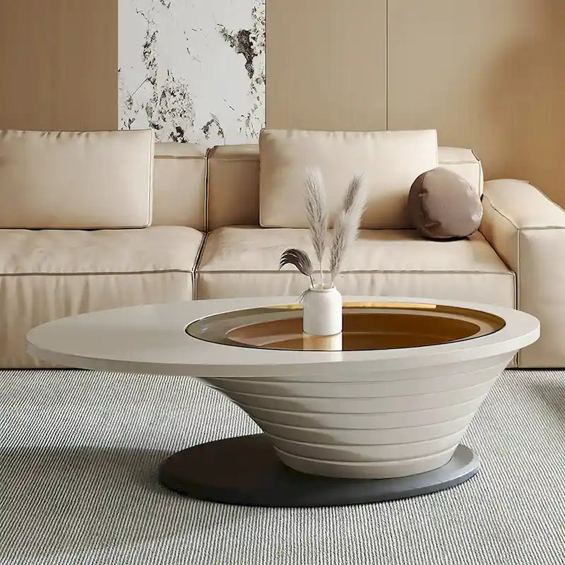 Leichter Luxus Moderner minimalistischer ovaler Couchtisch mit Glasplatte und grauem Sockel 130 cm – L 130 cm B 65 cm H 36,5 cm