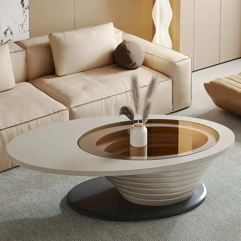 Leichter Luxus Moderner minimalistischer ovaler Couchtisch mit Glasplatte und grauem Sockel 130 cm – L 130 cm B 65 cm H 36,5 cm