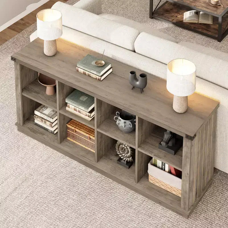 8 Würfelregal, Bücherregal im Landhausstil, 157,5 cm langes Holzregal für den Eingangsbereich, langes, niedriges Bücherregal für das Wohnzimmer