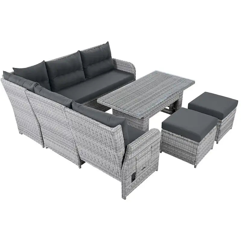 Outdoor-Rattan-Garnitur mit verstellbarem Tisch, Liegesesseln und 2 Hockern