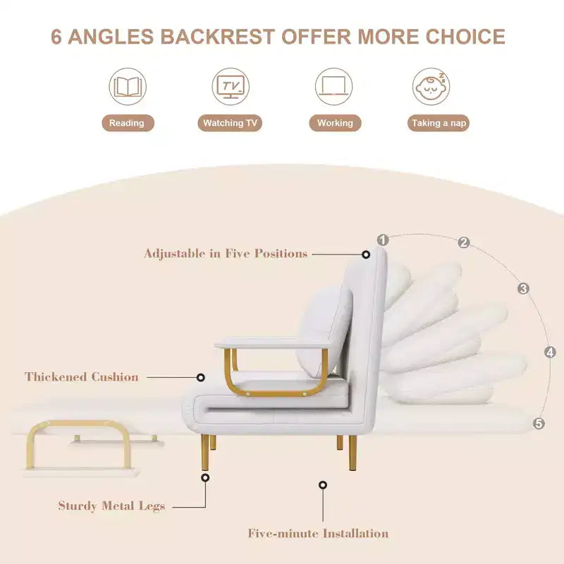 Klappbares Schlafsofa 3-in-1-Funktion - Verstellbare Rückenlehne mit 5 Positionen und Kissen, Platzsparender Schlafsessel für Wohnzimmer, Schlafzimmer & Büro (Weiß)