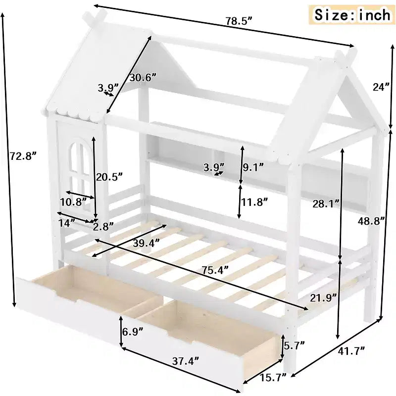 Haus-Plattformbett mit Aufbewahrungsschubladen und Fenster, Massivholzrahmen mit Regalen, kindgerechtes, lustiges Design, Hellweiß