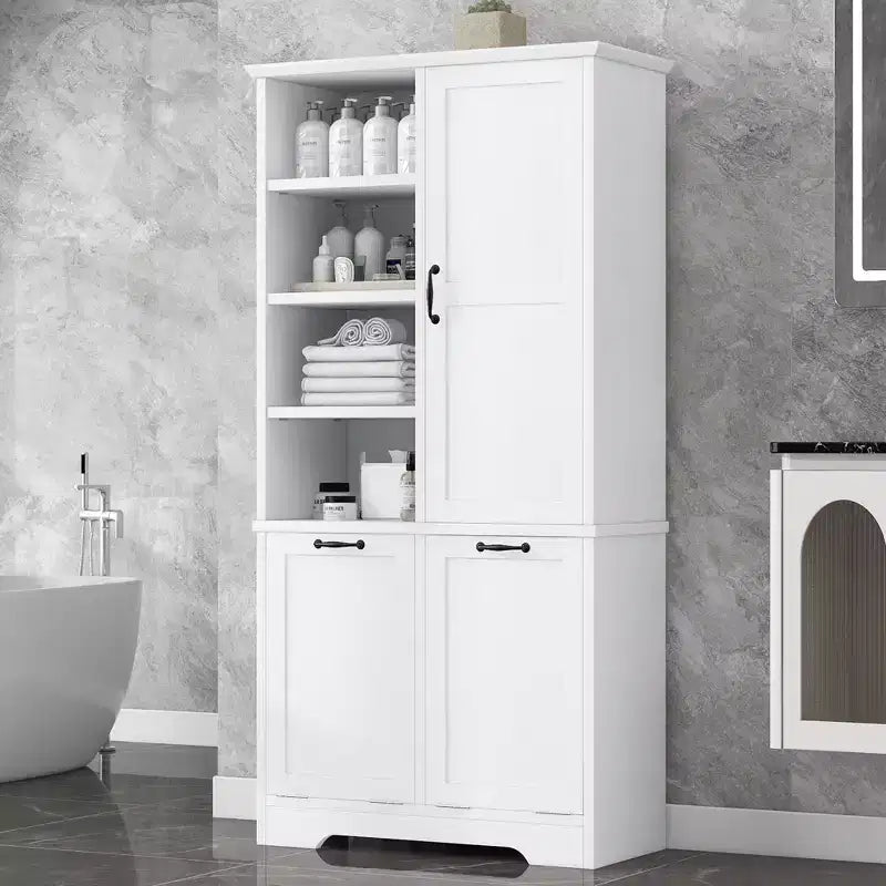 Badezimmerschrank mit Türen und Schubladen, Kippwäschekorb, mehreren Ablagefächern, freistehend