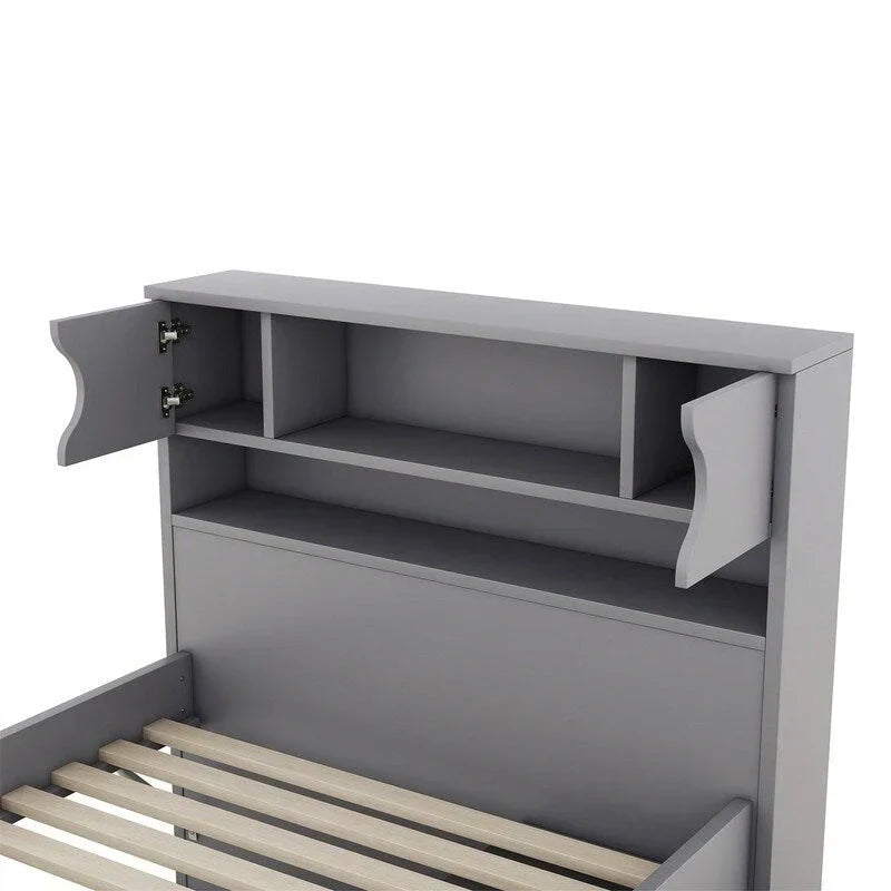 Doppel-/Full Size Captains-Plattformbett mit 4 Schubladen und Ablageflächen, Massivholz-Bettrahmen mit Stauraum-Bücherregal-Kopfteil