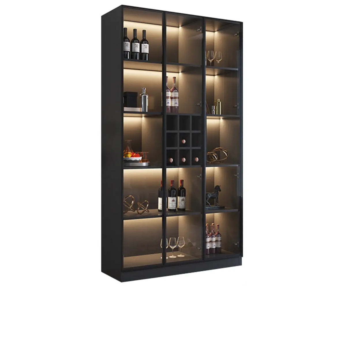 Minimalistisches Weinschrankregal aus schwarzem Holz mit Glastür
