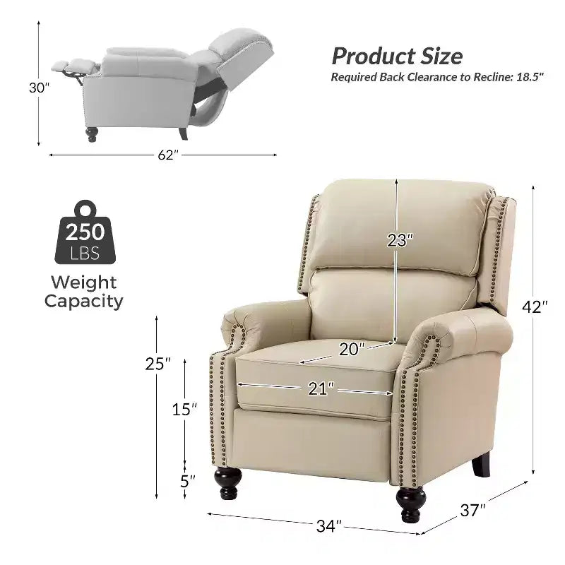 2er-Set Elisabete Modern Wingback Echtleder-Liegesessel mit Vintage-Nagelkopfleiste für Wohn- und Schlafzimmer | ART OF LIVING DESIGNS